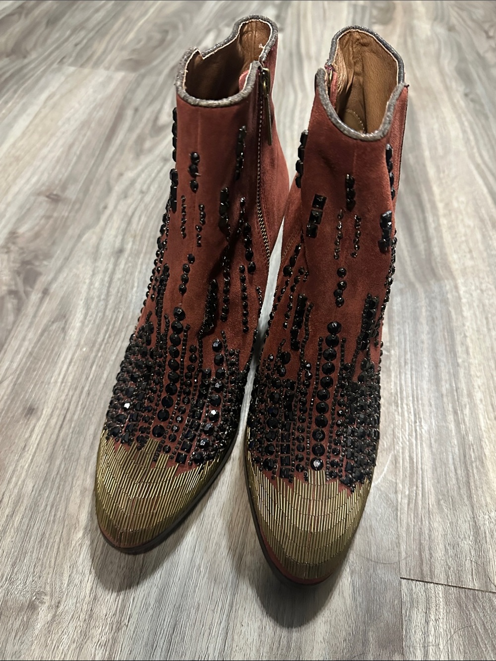Donald J. Pliner Rust Suede Embellished Ankle Boots with Gold Toe - Picture 4 of 12